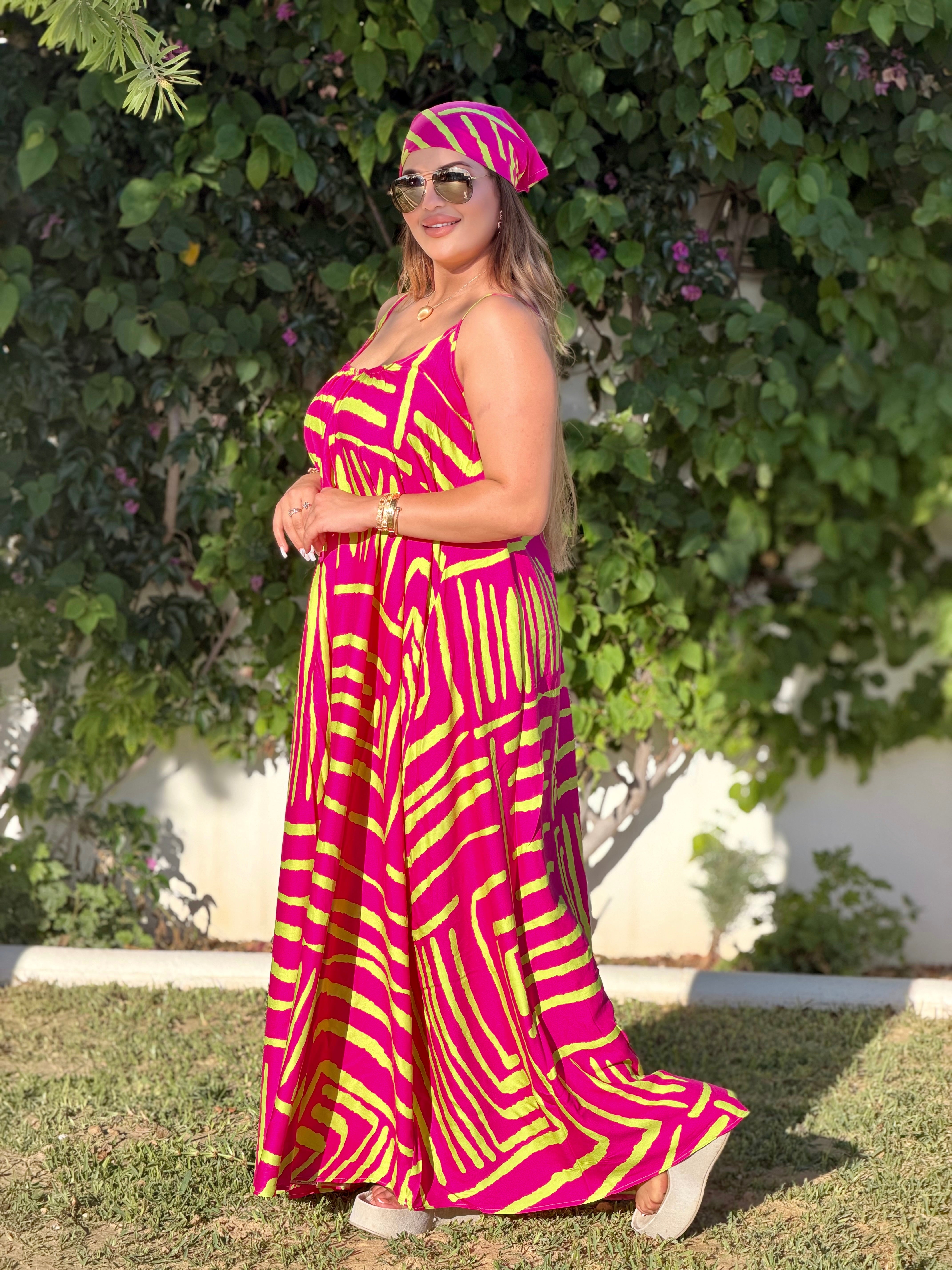 Robe Maxi Bohème Évasion Néon (avec foulard assorti)
