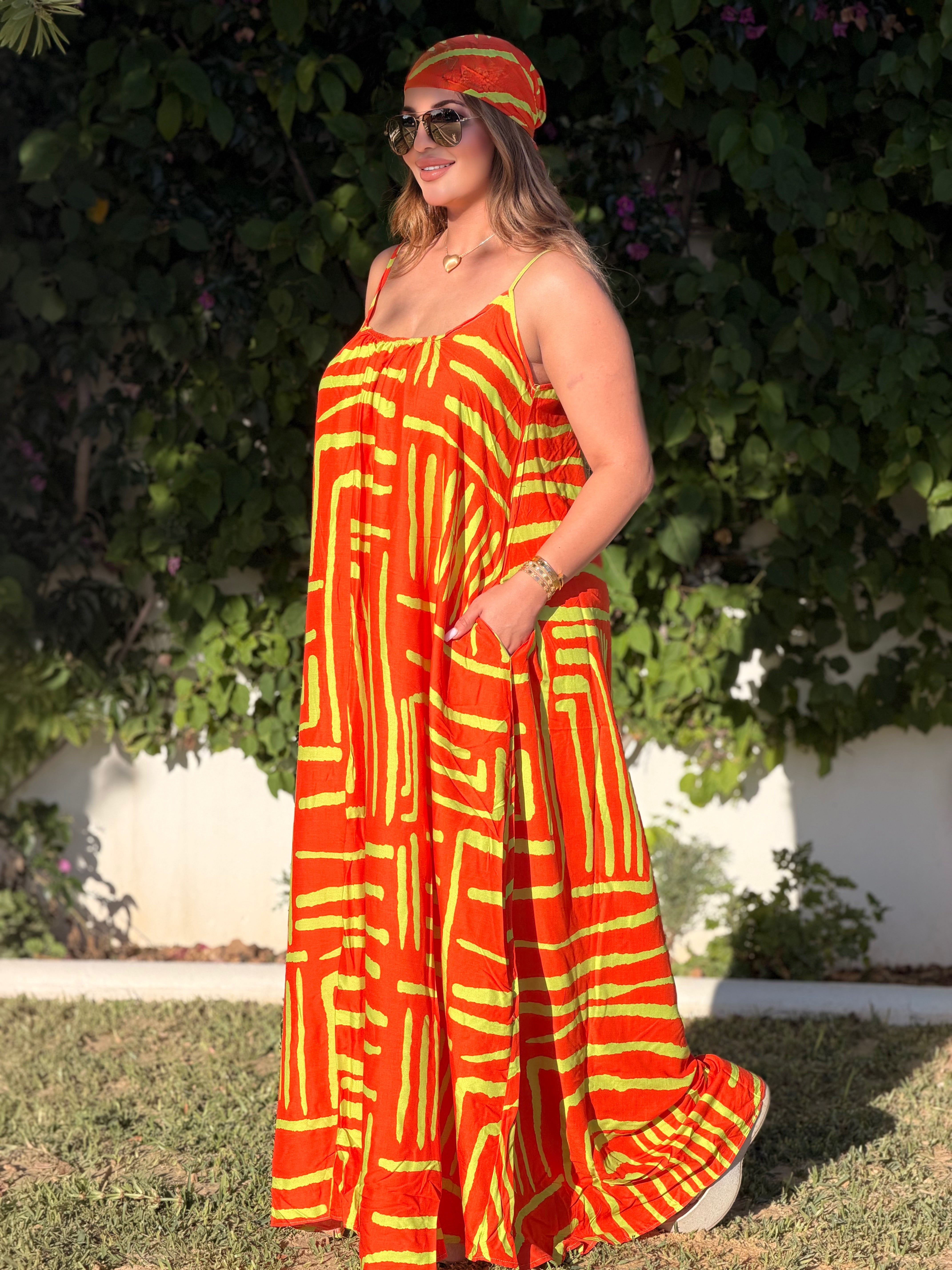 Robe Maxi Bohème Évasion Néon (avec foulard assorti)