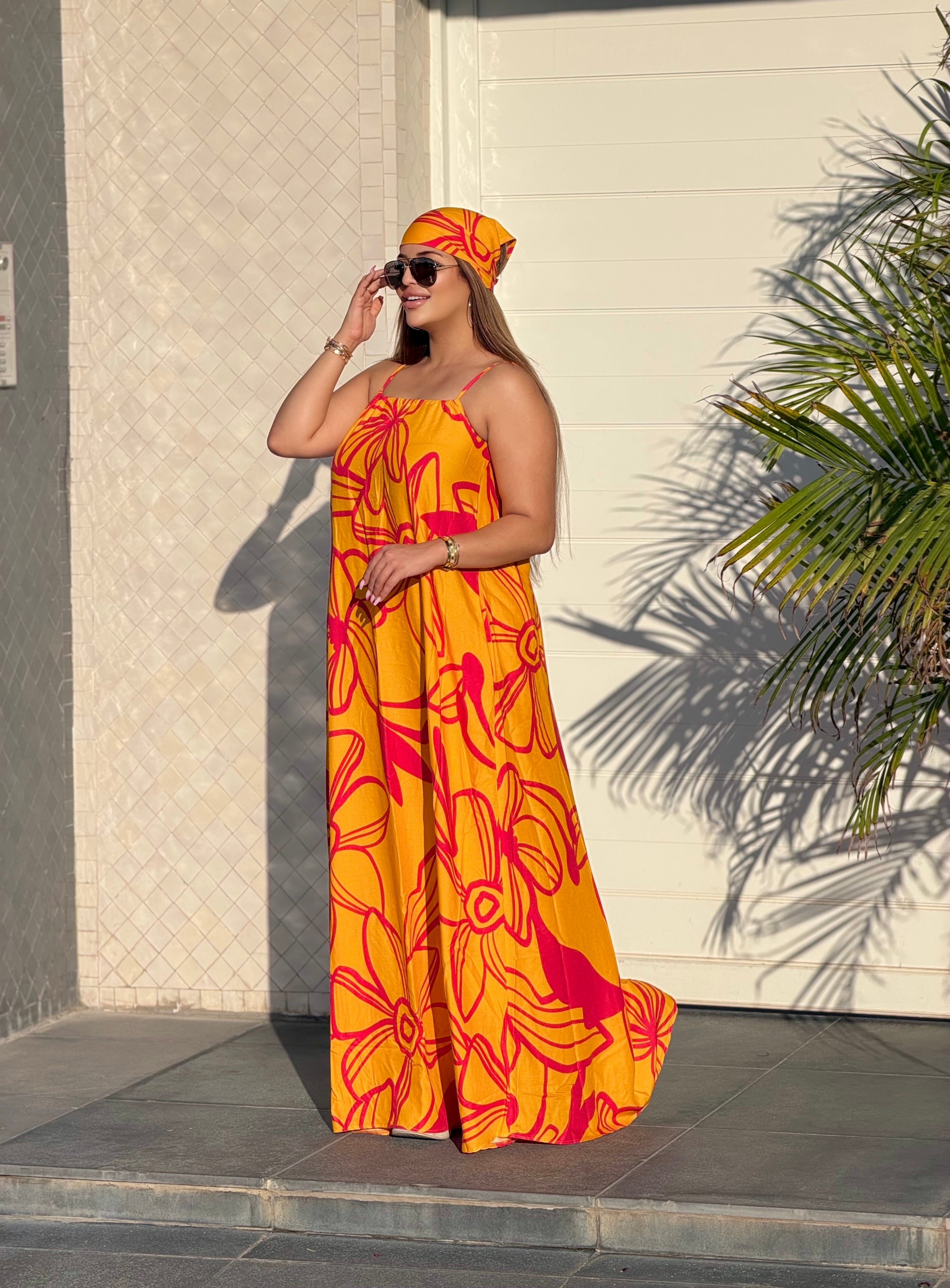 Robe Maxi Bohème "Éclat Tropical" (avec foulard assorti) (Orange)