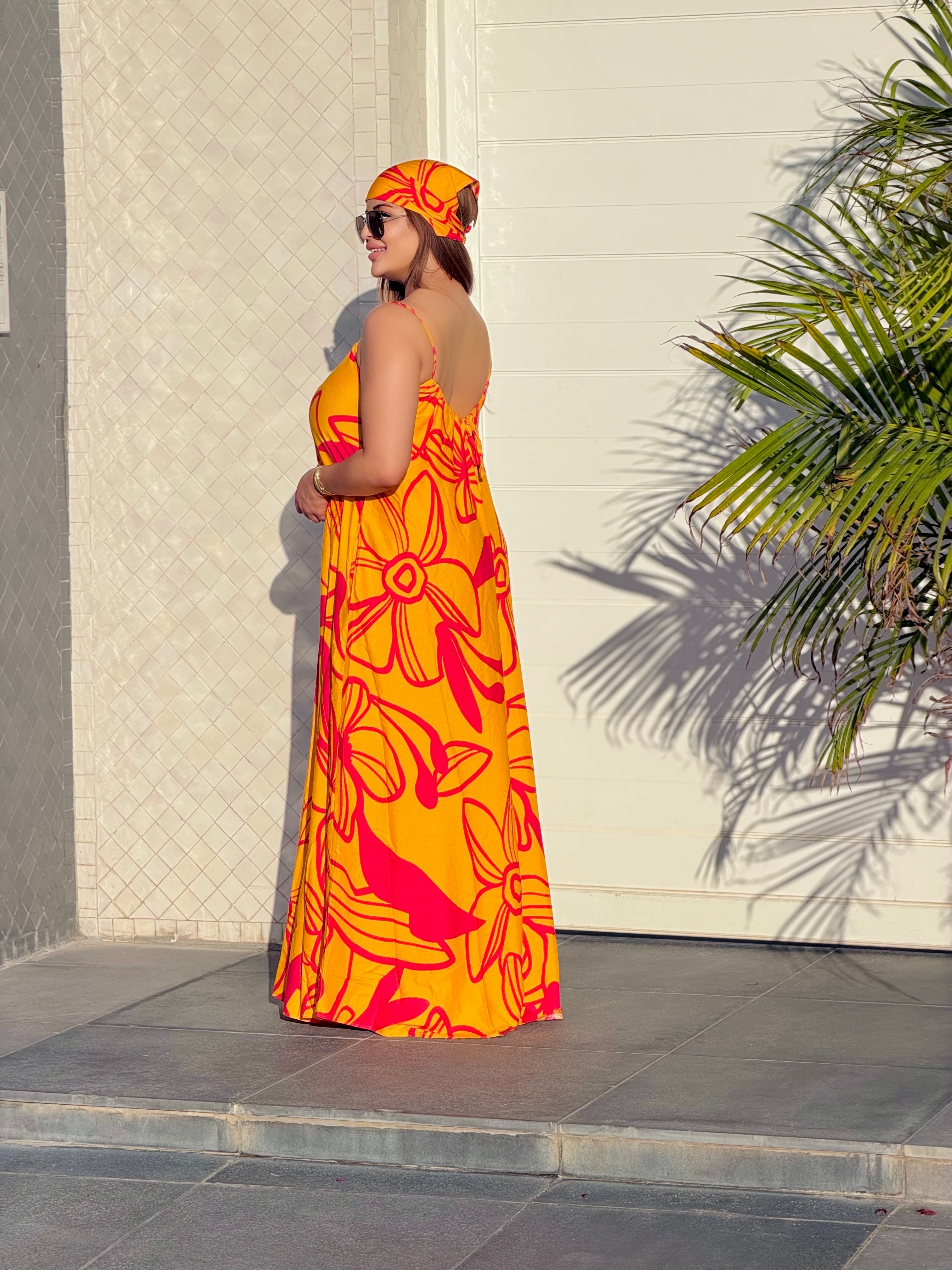 Robe Maxi Bohème "Éclat Tropical" (avec foulard assorti)