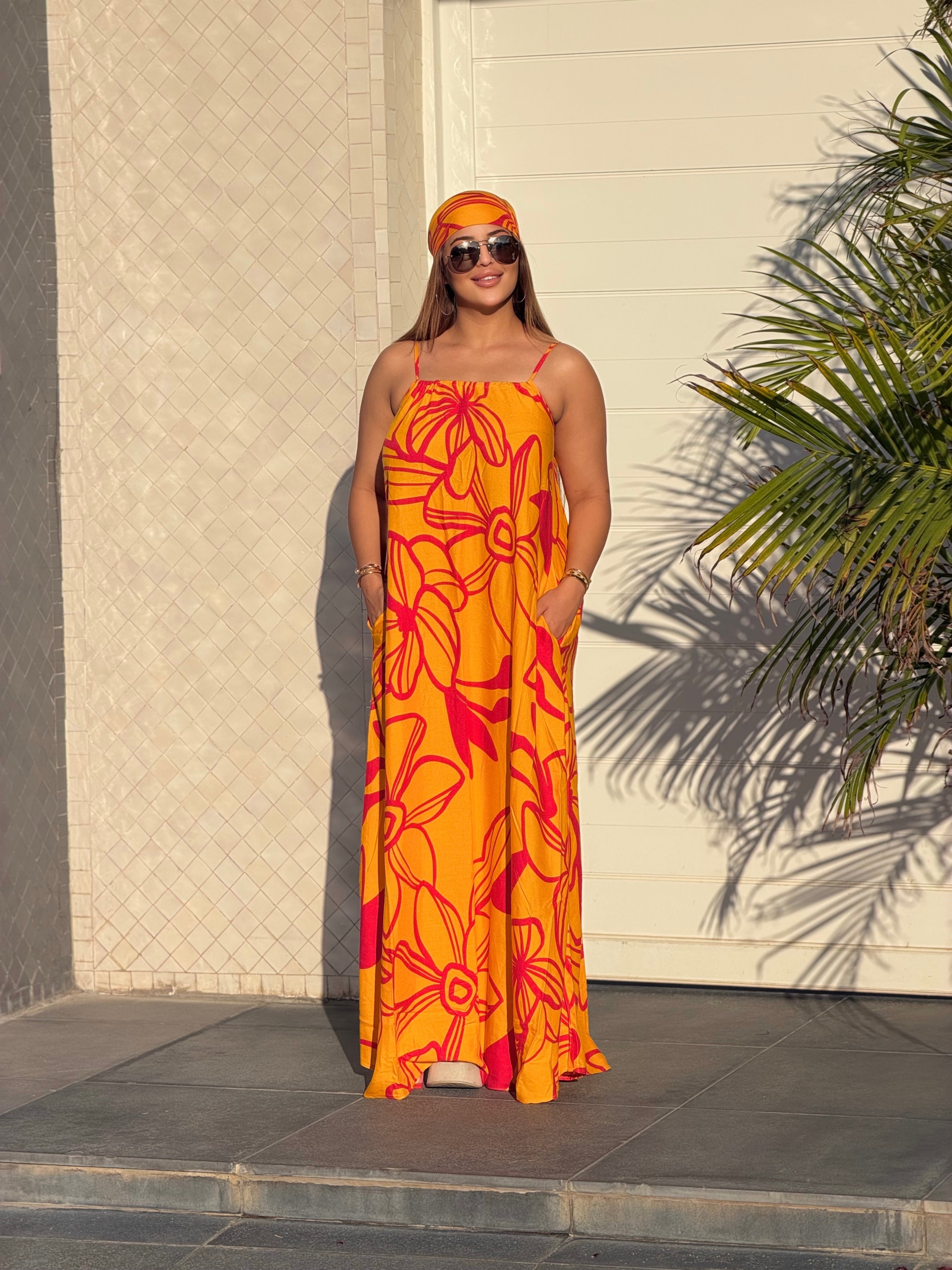 Robe Maxi Bohème "Éclat Tropical" (avec foulard assorti) (Orange)